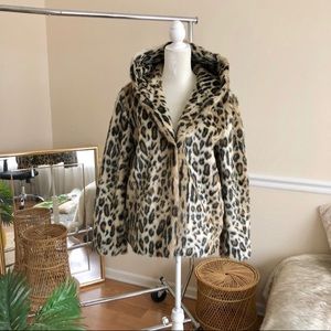 Ann Taylor Leopard Hooded Faux Fur Coat M